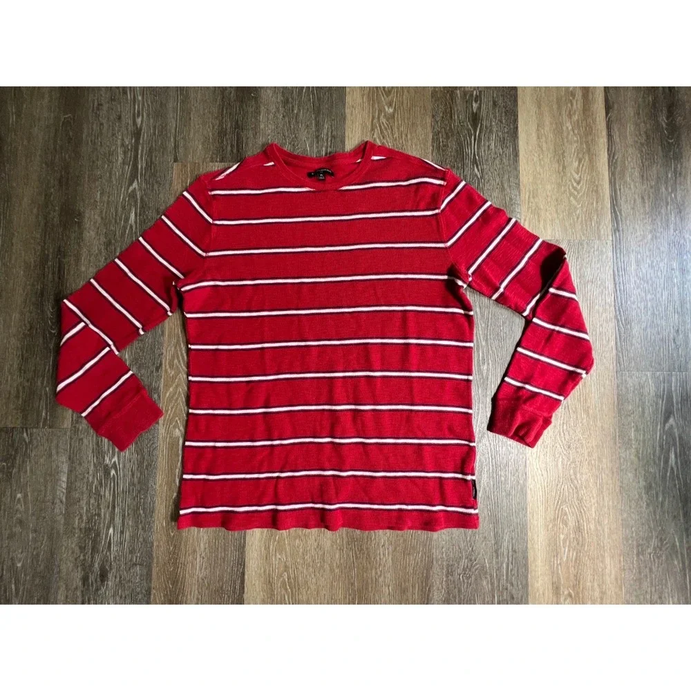 Banana Republic Thermal Shirt Mens XL Red Striped Waffle Knit Long Sleeve